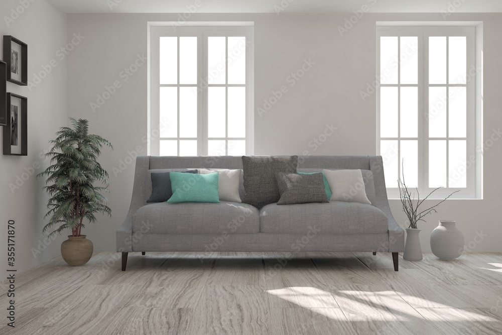 Fototapeta premium White stylish minimalist room with sofa. Scandinavian interior design. 3D illustration