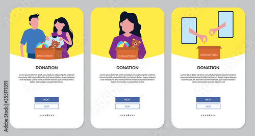 Set of illustration of donation concept. Woman and man holding a cardboard. Online donation, charity, volunteer.