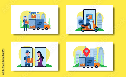 online public service delivery concept. cargo courier with deliveryman and drone with package at the city skyscraper.
