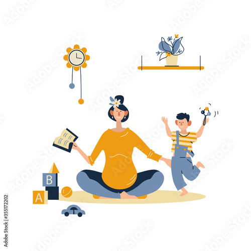 Happy parenthood, motherhood, childhood concept. A young pregnant mother spends time with her son. Flat cartoon vector illustration on white background.  