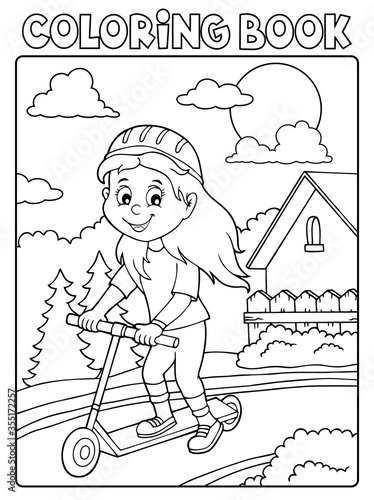 Coloring book girl on kick scooter theme 2