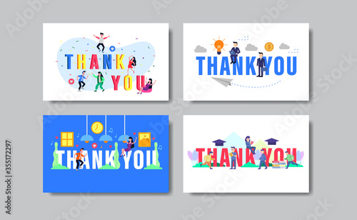 Set of thank you slide presentation template with tiny people illustration with joy, happiness, business theme.