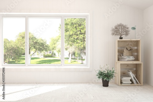 White stylish empty room with summer landscape in window. Scandinavian interior design. 3D illustration © AntonSh