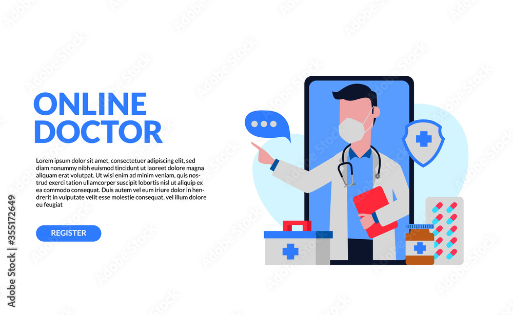 Man doctor character use face mask illustration concept on the smartphone with drug and medical box for online health consultation. Man doctor character use face mask illustration concept on the smartphone with drug and medical box for online health consultation.