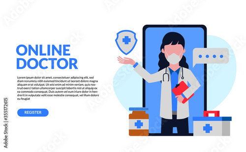 woman doctor character use face mask illustration concept on the smartphone with drug and medical box for online health consultation.