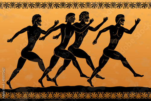 Four ancient Greek men run along the road. Competition athletes.