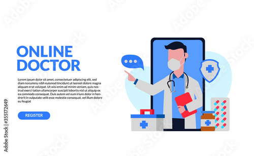 Man doctor character use face mask illustration concept on the smartphone with drug and medical box for online health consultation.