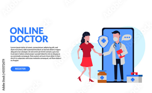 male doctor using face mask hand shake virtual with a woman patient with red dress concept. doctor on the smartphone. Online healthcare consultation with drug, medical box flat illustration. © liya