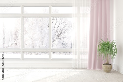Fototapeta Naklejka Na Ścianę i Meble -  White stylish empty room with winter landscape in window. Scandinavian interior design. 3D illustration