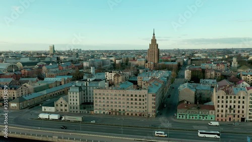 Beautiful rotating flight with drone over Riga panorama photo