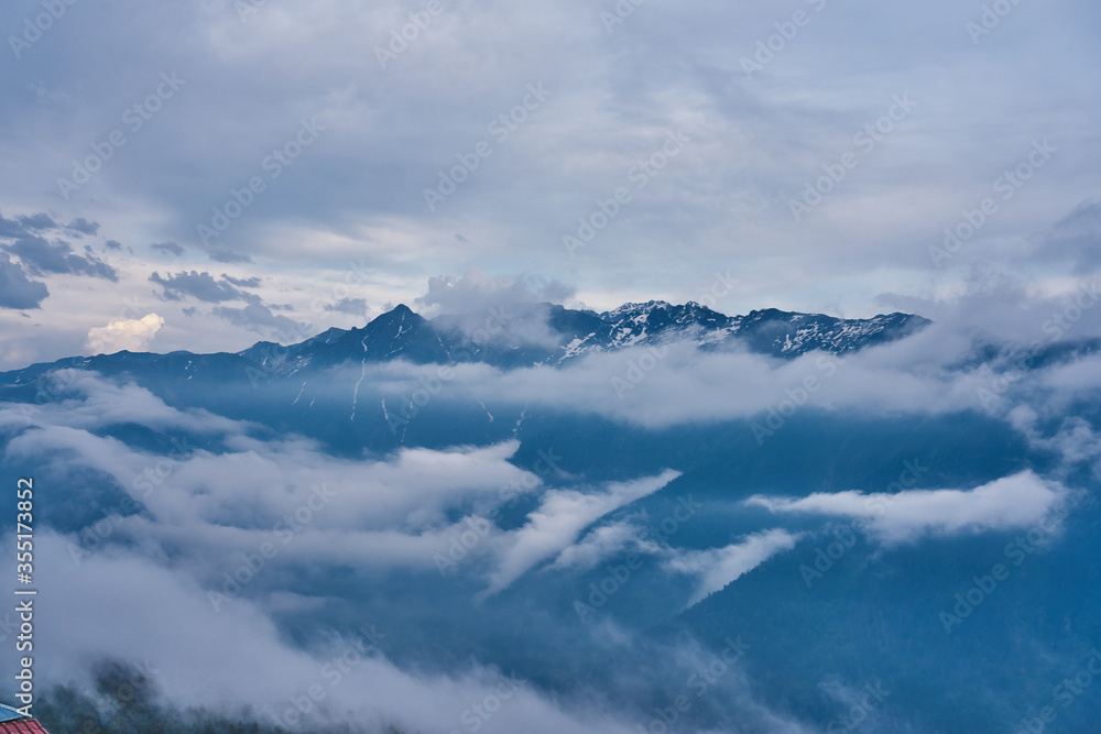Landscape of snowy and foggy mountains at Gito Plateau, Rize, Black Sea / Karadeniz region of Turkey
