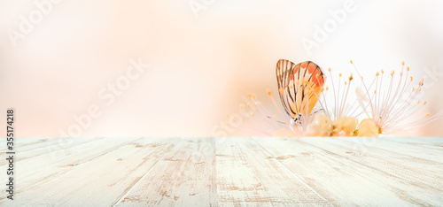 Canvas Print Beautiful nature view of butterfly and empty wood table on blurred background with copy space for product using as background natural animal landscape, fresh cover page, butterflies day concept