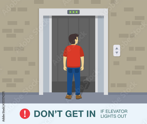 Young man standing in front of the broken dark elevator doors. Lift is out of service. Flat vector illustration.