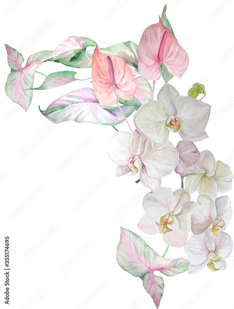 Fototapeta premium Watercolor floral bouquet in a trendy modern style. Orchid flowers, tropical leaves, palm leaves. Bohemian illustration for wedding invitations, mathers day, posters, branding.