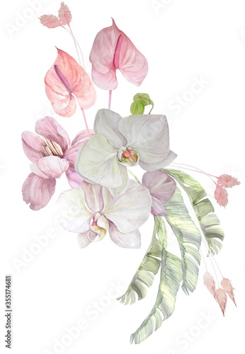 Wallpaper Mural Watercolor floral bouquet in a trendy modern style. Orchid flowers, tropical leaves, palm leaves. Bohemian illustration for wedding invitations, mathers day, posters, branding. Torontodigital.ca