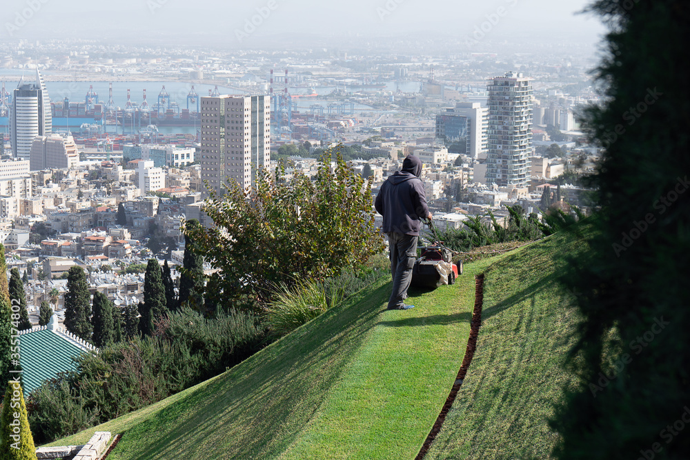 Man mowing a lawn in Bahai gardens using a lawnmower on the Haifa downtown panorama background in sunny day
