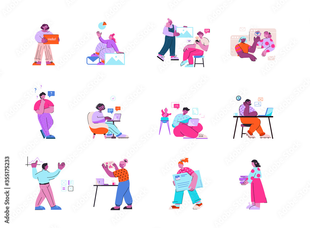 Coworking space, teamwork. Work at home and office concept illustration. Young people, men and women, work as freelancers on laptops and computers at home. Vector flat style illustration.