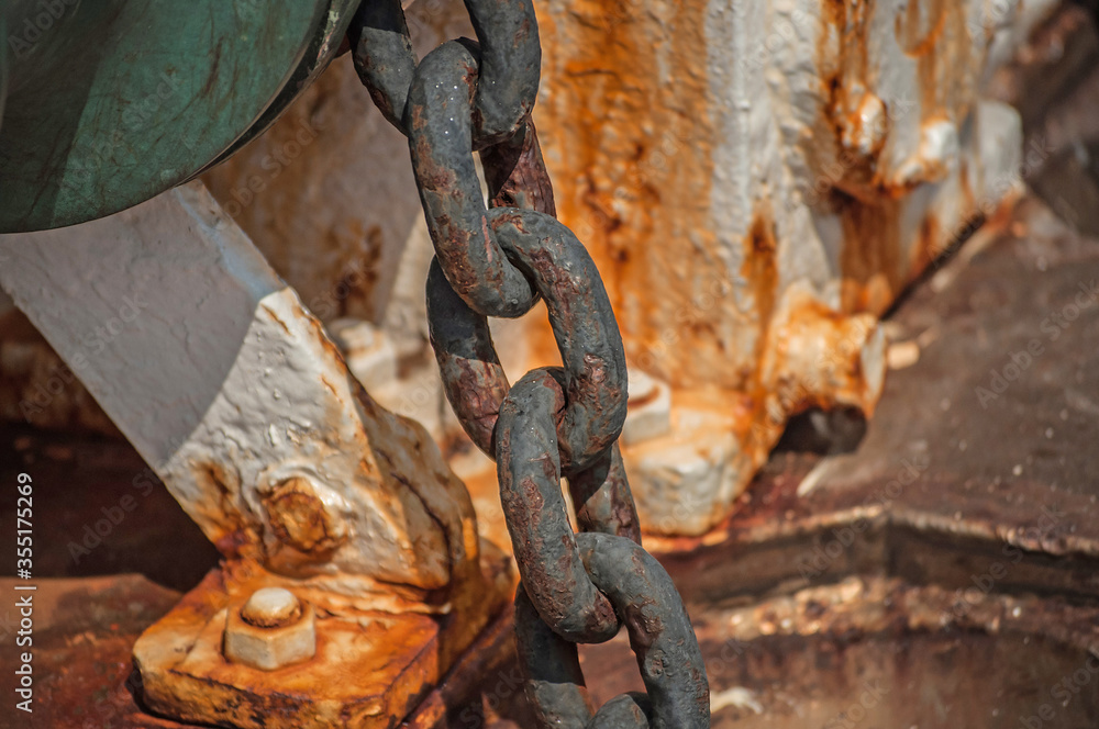 Metal rusty chain. Part of ship equipment.