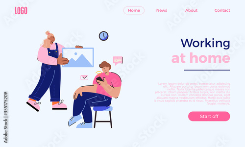 Web banner template, mobile interface design. Freelancer is sitting at the computer. Works from home. Work in the office. Designer, programmer, writer. Stylized cartoon characters.