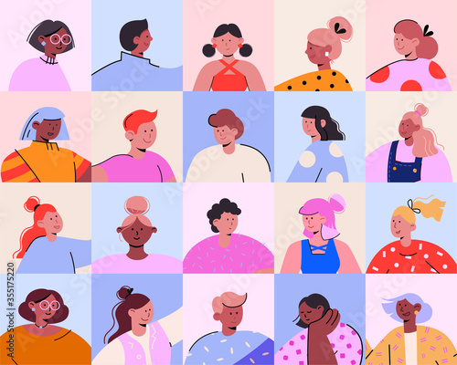 Pattern of vector simplified minimalist avatars. Different characters portraits in cartoon style. Ideal for social networks and business presentations, user interface, UX, graphic and web design.