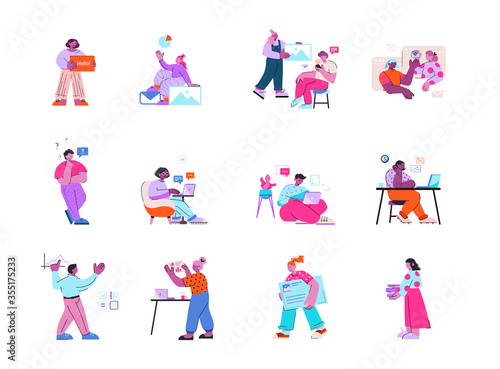 Coworking space, teamwork. Work at home and office concept illustration. Young people, men and women, work as freelancers on laptops and computers at home. Vector flat style illustration.