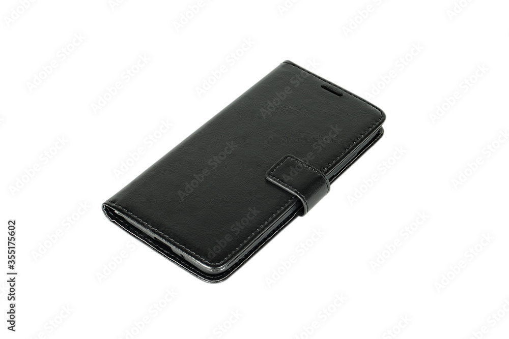 Leather black mobile phone case isolate on a white background. Leather black mobile phone case isolate on a white background.