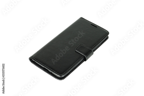 Leather black mobile phone case isolate on a white background.
