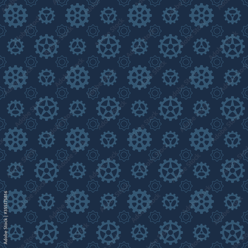Vector seamless pattern illustration of cogwheel mechanisms. Silhouette of gear machinery icons, navy blue background bright blue gear. For surface design textures, covers, textiles, wrapping.