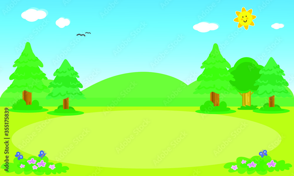 Background landscape with pine trees, bird and butterflies. Digital illustration