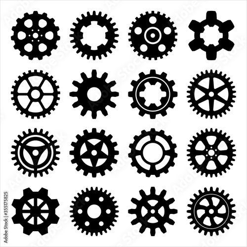 Collection of mechanical cogwheel gears sets, black silhouette, isolated on white background, 16 gears icon. Vector illustration.