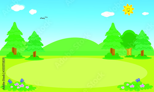 Background landscape with pine trees  bird and butterflies. Digital illustration