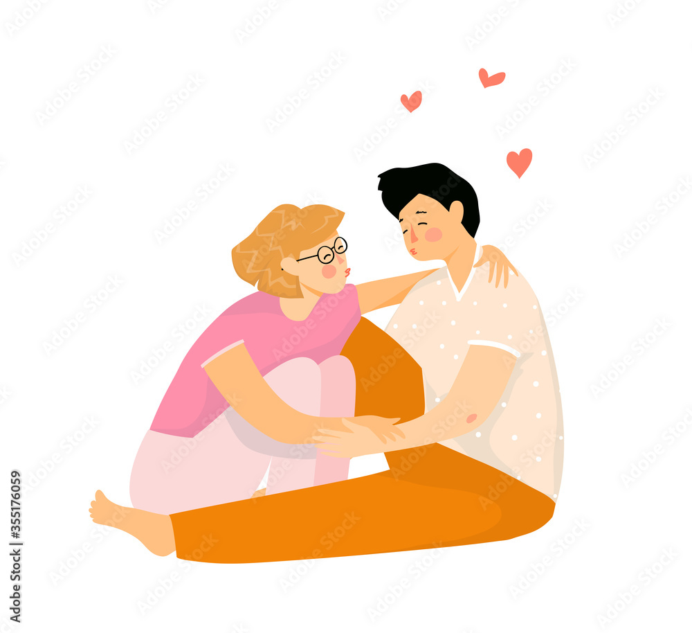 Young lovers couple sitting hugging and kissing. Romantic man and woman valentine date, tender scene of happy people in love. Vector hand drawn flat clipart illustration. Young lovers couple sitting hugging and kissing. Romantic man and woman valentine date, tender scene of happy people in love. Vector hand drawn flat clipart illustration.
