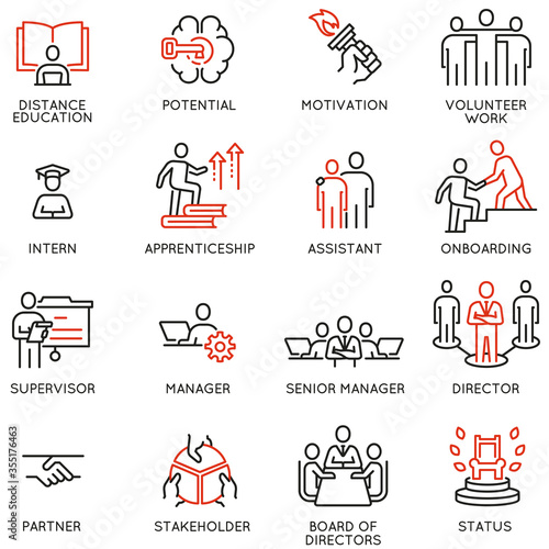 Vector Set of Linear Icons Related to career ladder, Empowerment Leadership Development, Promotion at Work and progress. Mono Line Pictograms and Infographics Design Elements