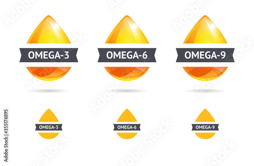 Set of realistic vector fatty acids oil drop icons isolated on white background. Omega-3, Omega-6, Omega-9 source label