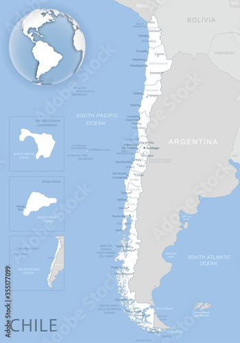 Blue-gray detailed map of Chile and administrative divisions and location on the globe.
