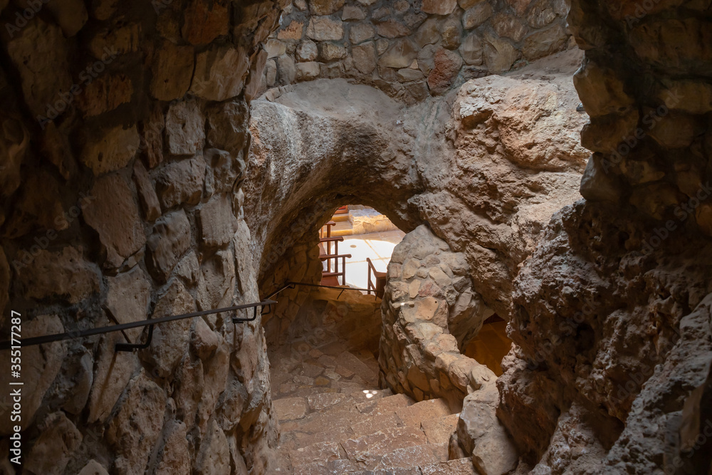 Obraz premium Steps leading down to the main hall of the monastery of Lavra Netof near the village of Hararit in northern Israel