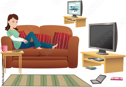 Girl watching TV on sofa