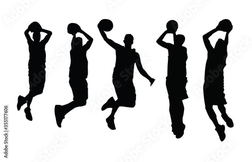 Five basketball player silhouette on white background