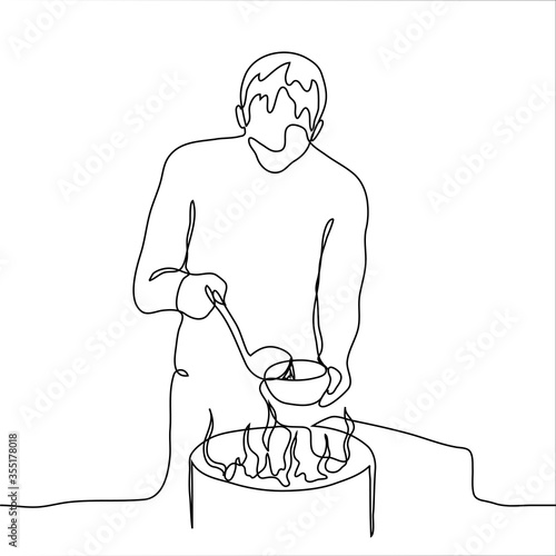 male volunteer pours soup from a soup ladle into a plate for the homeless and starving. One continuous line drawing of a man pouring hot soup on plates. Can be used for animation