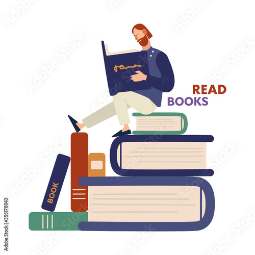 Vector cartoon illustration of reading man on white background. Man hold a book in their hands. Pile of books in a flat style. Book Festival, Library, Bookstore Shop Advertising.