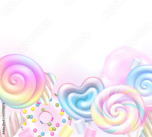 Colorful rainbow lollipops, cotton candy and donut background. Sweets poster design.