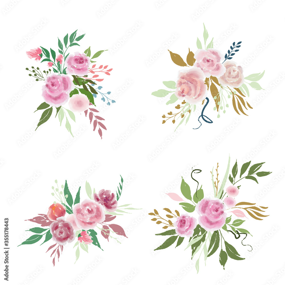 Obraz premium Set of wedding flowers arrangements with roses and leaves