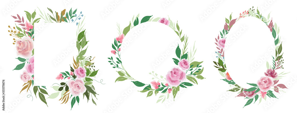 Set of vector floral frames templates with rose flowers and leaves - obrazy, fototapety, plakaty 