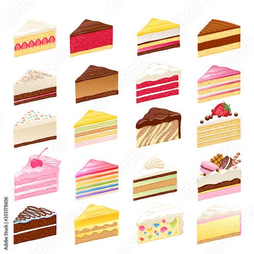 Colorful sweet cakes slices set vector illustration.