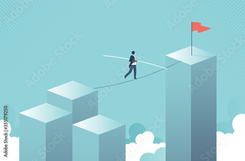 Businessman walking across gap on a tightrope vector concept. Symbol of business risk, courage, adventure, success and ambition, motivation. vector design.