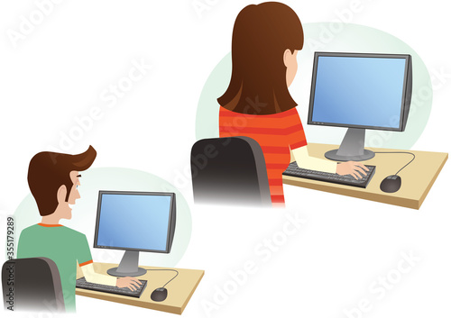 Man and woman at computer monitor