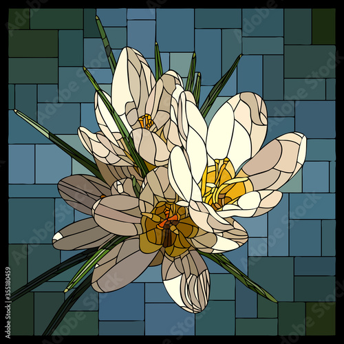 Vector square mosaic with blooming white crocuses flower in stained glass window.