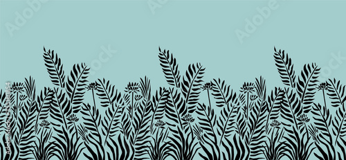 Leaves, grass and flowers. Vector horizontal seamless pattern