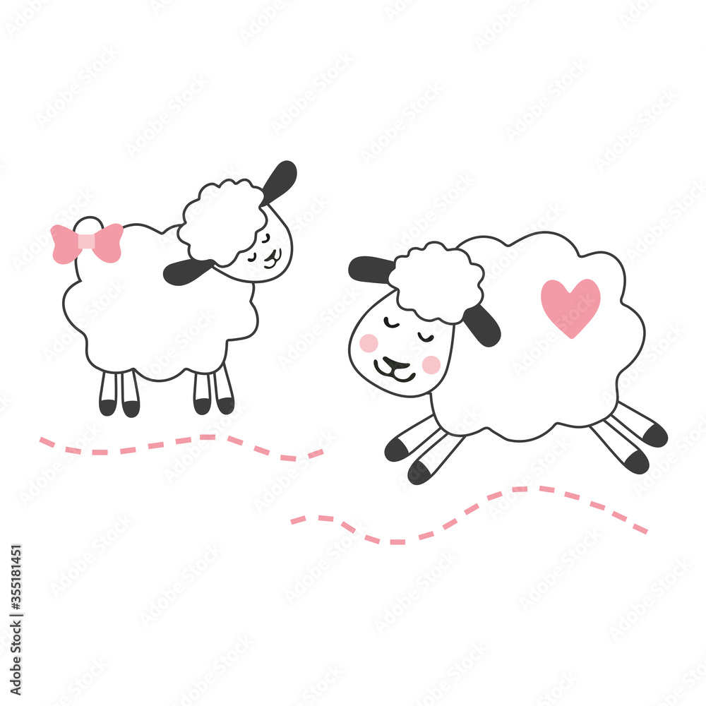 Vector image of a cute tender sheep. Smiling lambs with a bow on the ear. Illustration for printing on children's clothes, textiles, paper. Vector image of a cute tender sheep. Smiling lambs with a bow on the ear. Illustration for printing on children's clothes, textiles, paper.