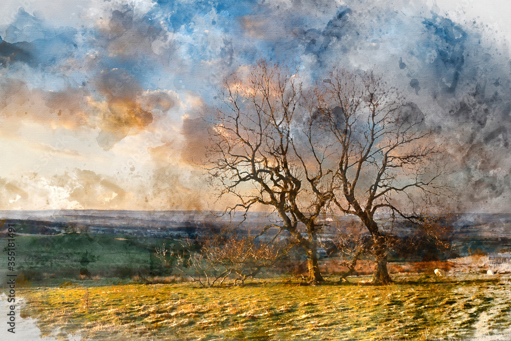 Digital watercolor painting of Beautiful Peak District Winter landscape of view from The Roaches out across the frozen countryside Digital watercolor painting of Beautiful Peak District Winter landscape of view from The Roaches out across the frozen countryside